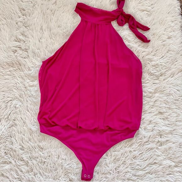 Express fuchsia purple halter top bodysuit thing tie neck sleeveless size large - Picture 1 of 4